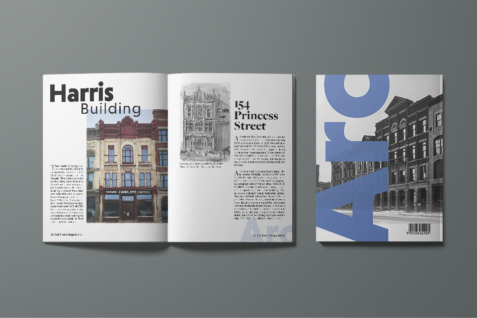 Spread of Arc Magazine talking about the harris building on princess street in winnipeg.