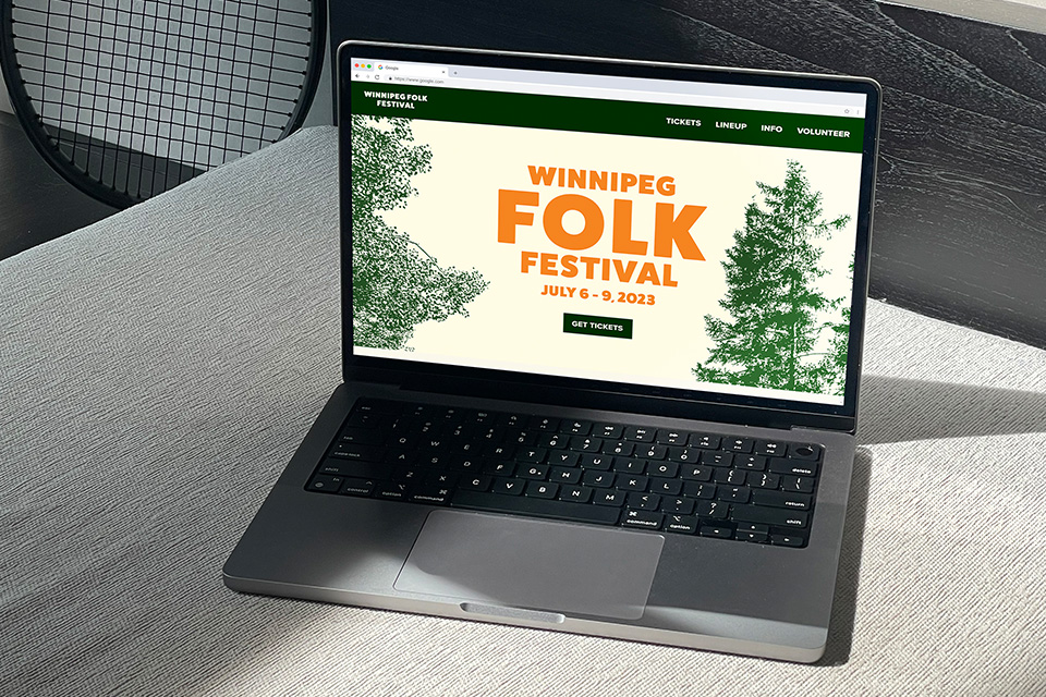 A webpage mockup show a page for folk festival winnipeg.