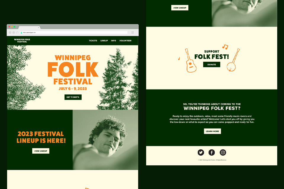 Shows the whole layout of the folk fest website. With an image of vance joy and buttons to webpages like festival lineup and donate.